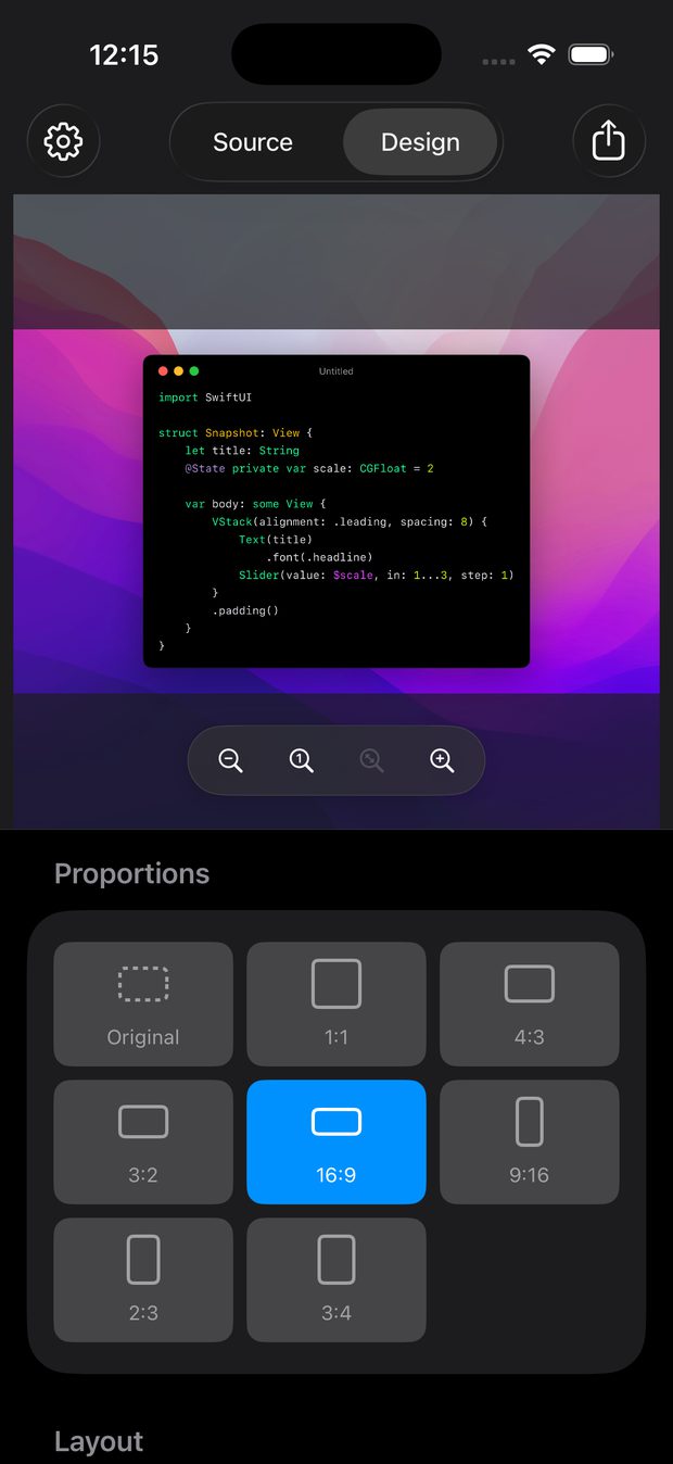 The Proportions panel in Codeshot on iPhone, with Original, 1:1, 4:3, 3:2, 16:9, 9:16, 2:3 and 3:4 options