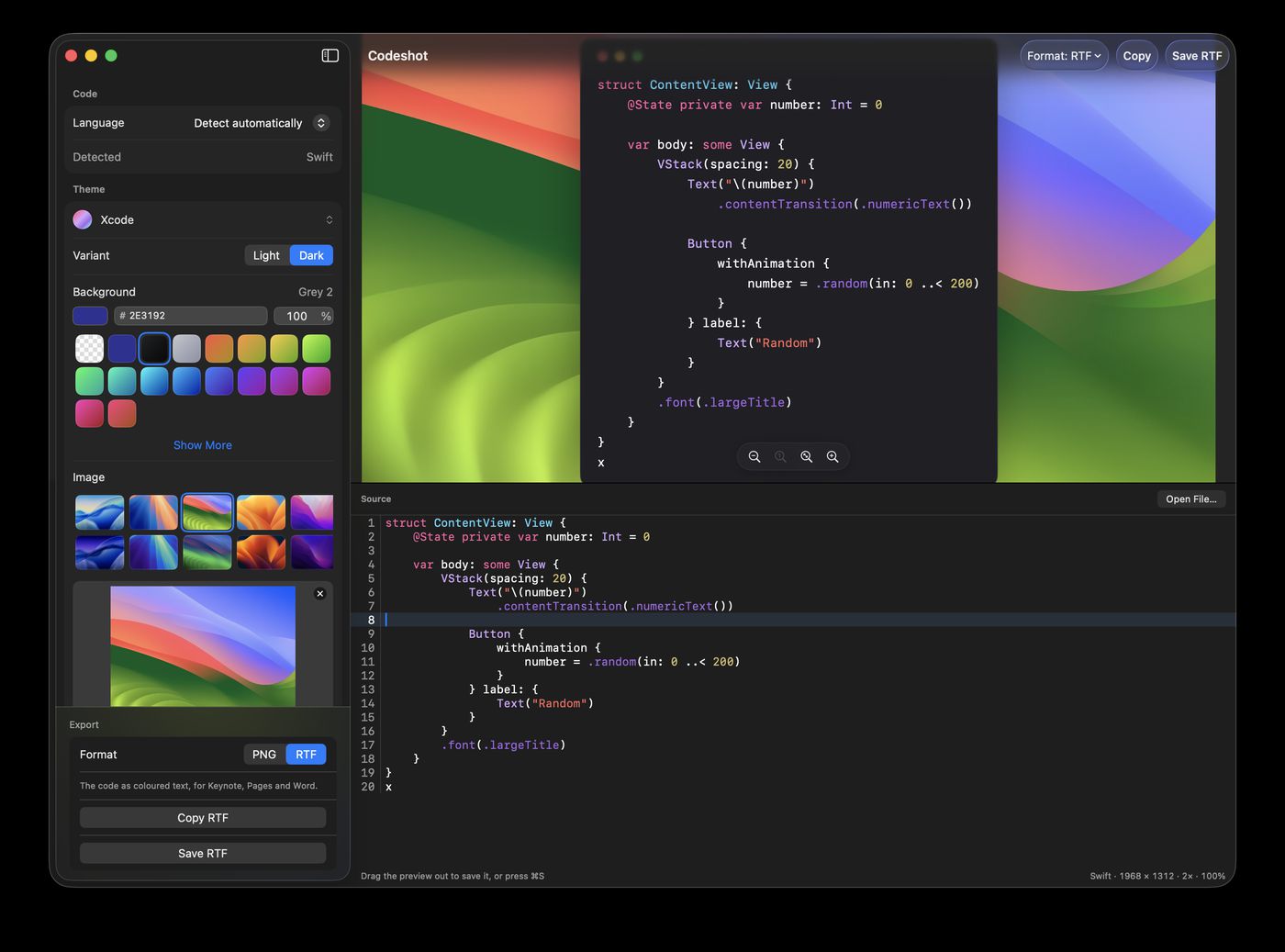 Codeshot с форматом RTF: видны кнопки «Копировать RTF» и «Сохранить RTF»
