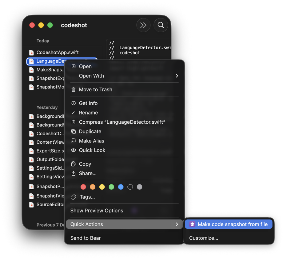 The Finder context menu open on a Swift file, with Quick Actions showing Make code snapshot from file