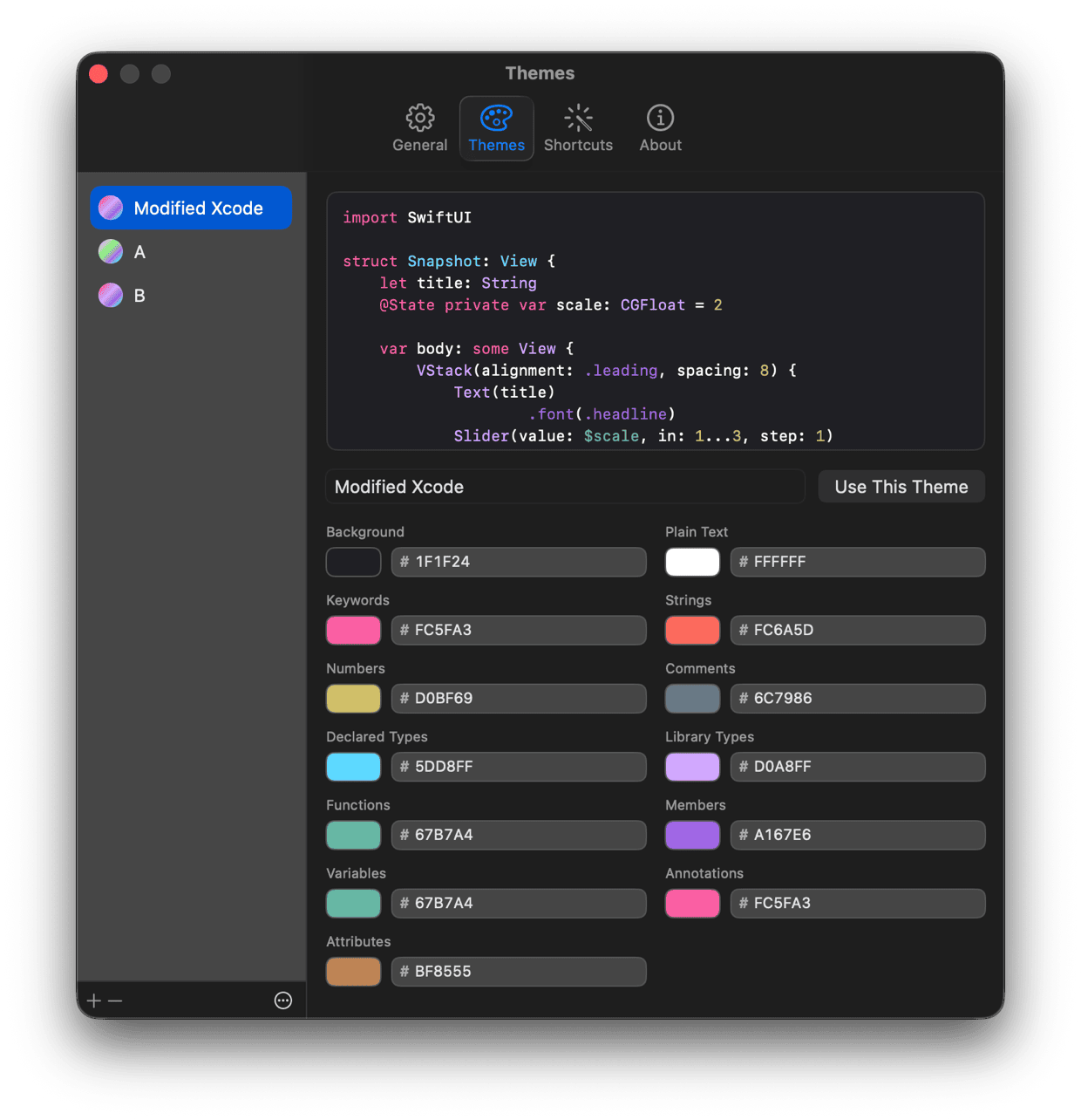 Codeshot's Themes settings on macOS: a list of saved themes beside a live preview and the thirteen colour fields that define one